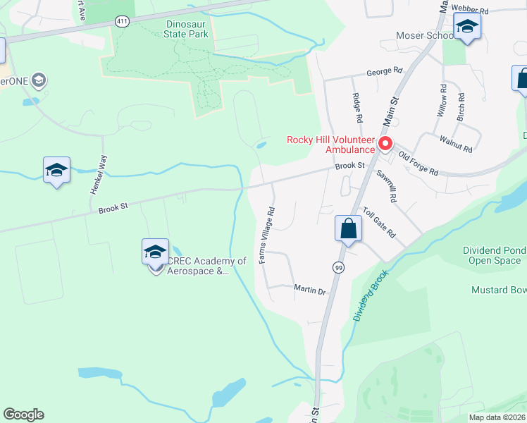 map of restaurants, bars, coffee shops, grocery stores, and more near 69 Farms Village Road in Rocky Hill