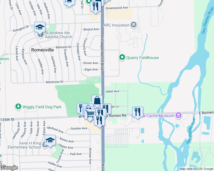 map of restaurants, bars, coffee shops, grocery stores, and more near 369 North Independence Boulevard in Romeoville