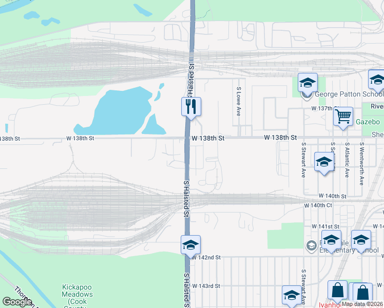 map of restaurants, bars, coffee shops, grocery stores, and more near 13844 South Emerald Avenue in Riverdale