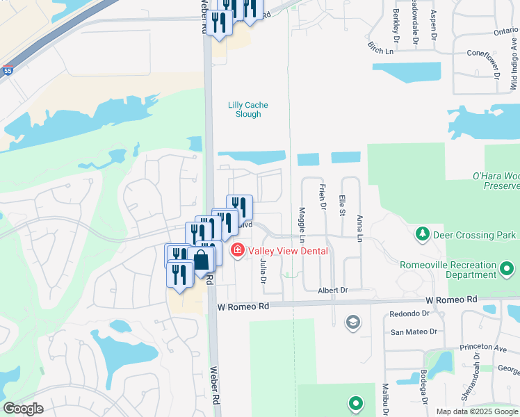 map of restaurants, bars, coffee shops, grocery stores, and more near 1234 Le Moyne Avenue in Romeoville