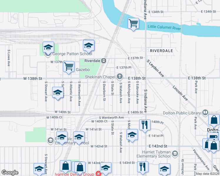 map of restaurants, bars, coffee shops, grocery stores, and more near 13840 South State Street in Chicago