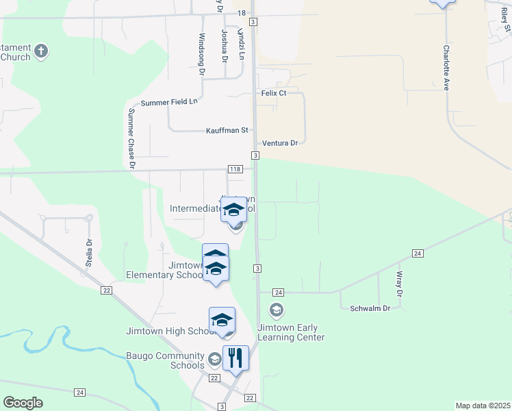 map of restaurants, bars, coffee shops, grocery stores, and more near 58703 County Road 3 in Elkhart