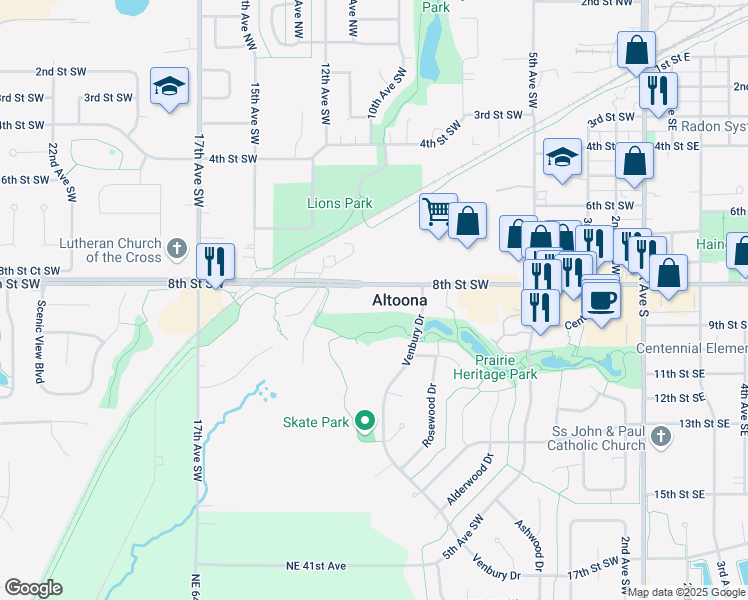 map of restaurants, bars, coffee shops, grocery stores, and more near 900 8th Street Southwest in Altoona