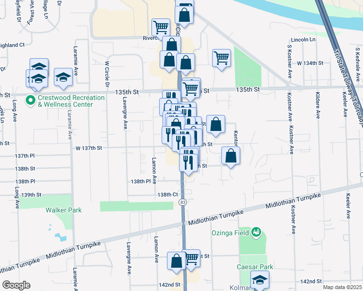 map of restaurants, bars, coffee shops, grocery stores, and more near S Cicero Ave & W 137th St in Crestwood