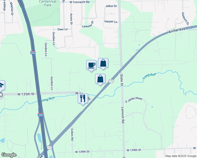 map of restaurants, bars, coffee shops, grocery stores, and more near 13440 Archer Avenue in Lemont