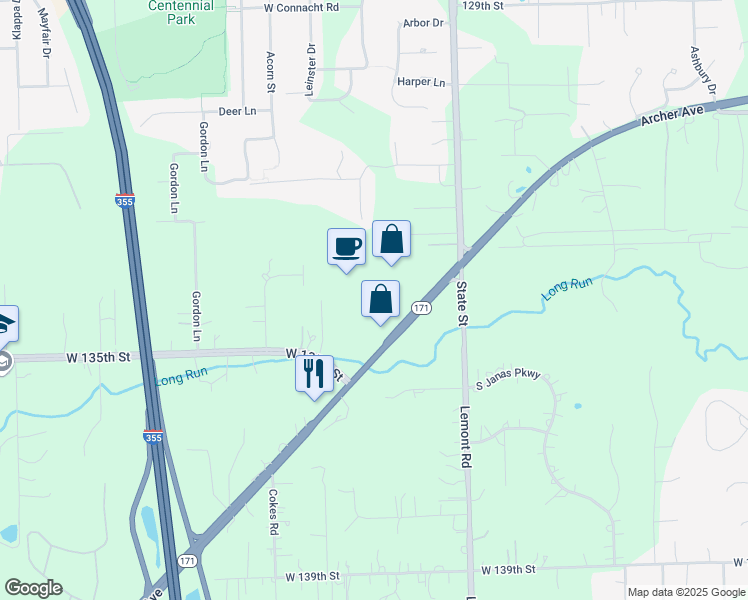 map of restaurants, bars, coffee shops, grocery stores, and more near 13440 Archer Avenue in Lemont