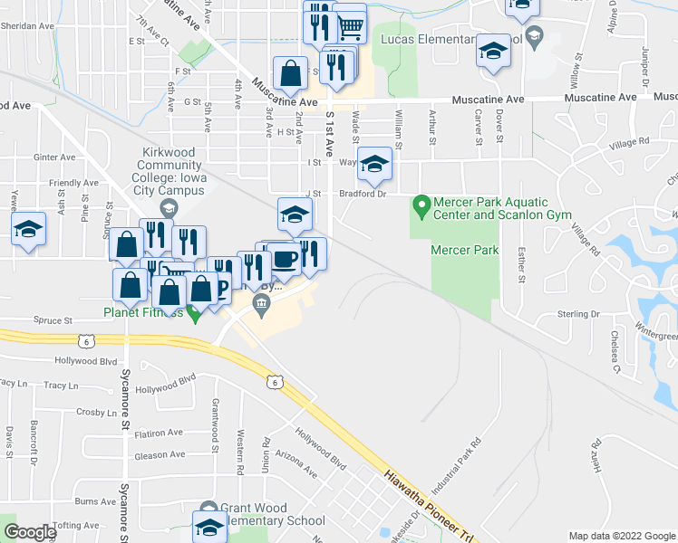 map of restaurants, bars, coffee shops, grocery stores, and more near 1410 South 1st Avenue in Iowa City
