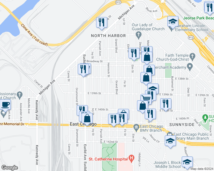 map of restaurants, bars, coffee shops, grocery stores, and more near 3818 Hemlock Street in East Chicago
