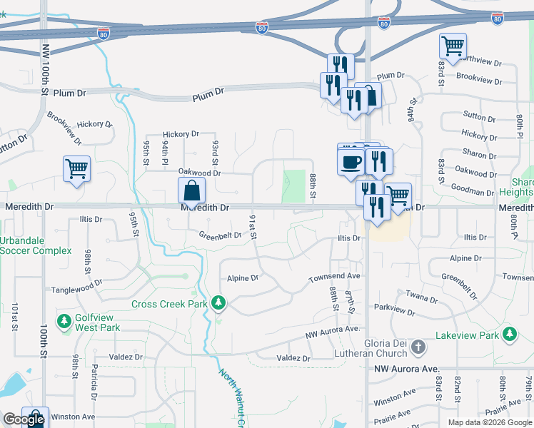 map of restaurants, bars, coffee shops, grocery stores, and more near 4519 91st Street in Urbandale