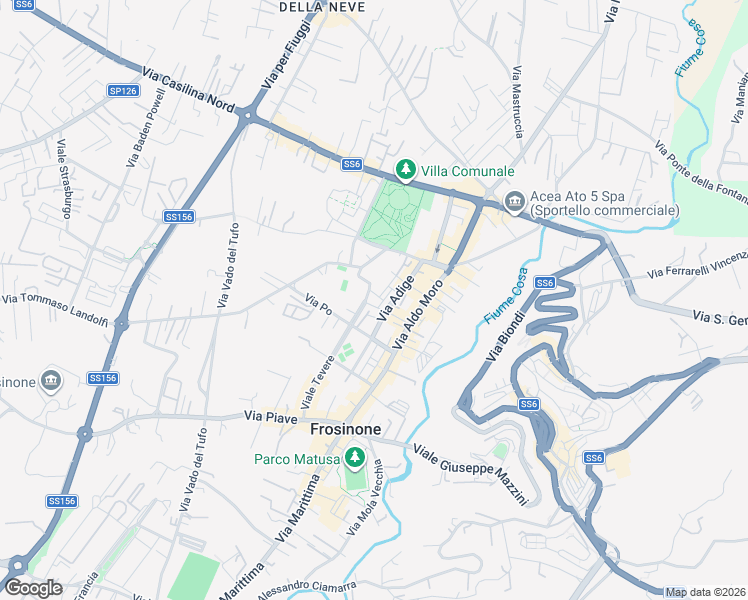 map of restaurants, bars, coffee shops, grocery stores, and more near 30 Via Adige in Frosinone