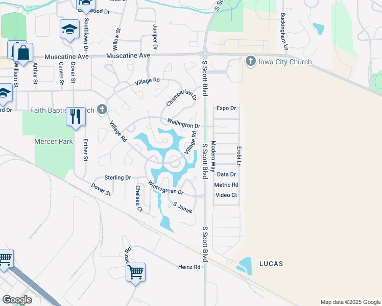 map of restaurants, bars, coffee shops, grocery stores, and more near 1628 Baldwin Lane in Iowa City