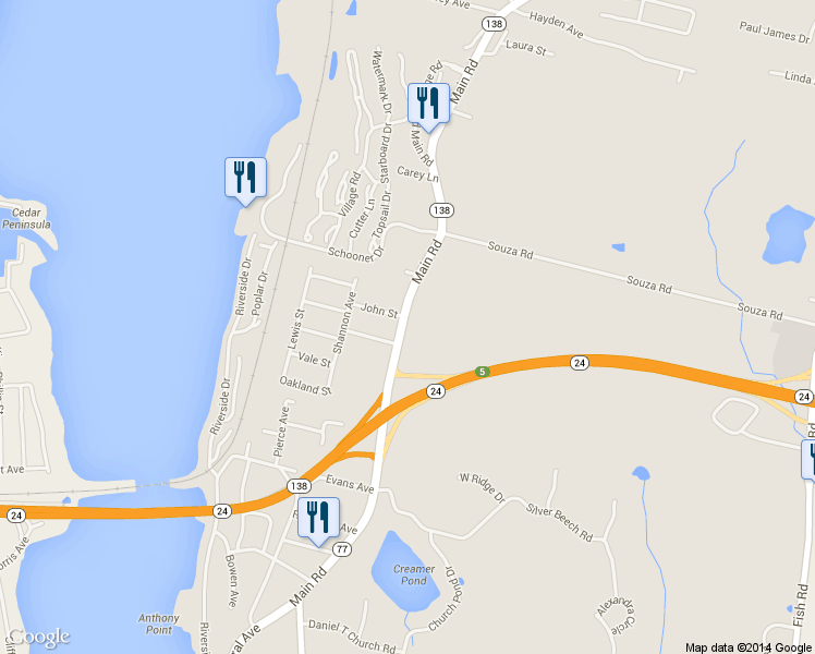 map of restaurants, bars, coffee shops, grocery stores, and more near 1168 Main Rd in Tiverton