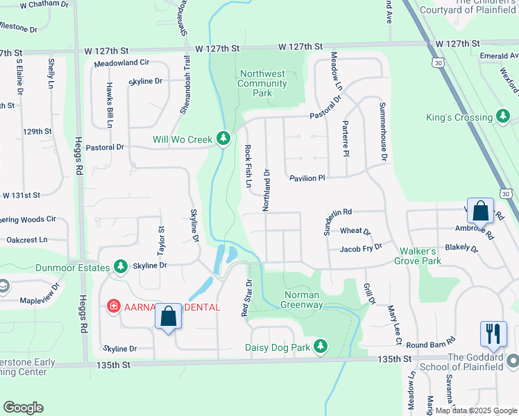 map of restaurants, bars, coffee shops, grocery stores, and more near 25530 Cinnamon Court in Plainfield