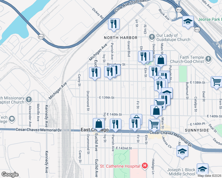 map of restaurants, bars, coffee shops, grocery stores, and more near 3829 Ivy Street in East Chicago
