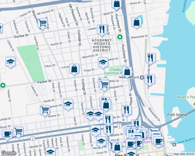 map of restaurants, bars, coffee shops, grocery stores, and more near 68 Willis Street in New Bedford
