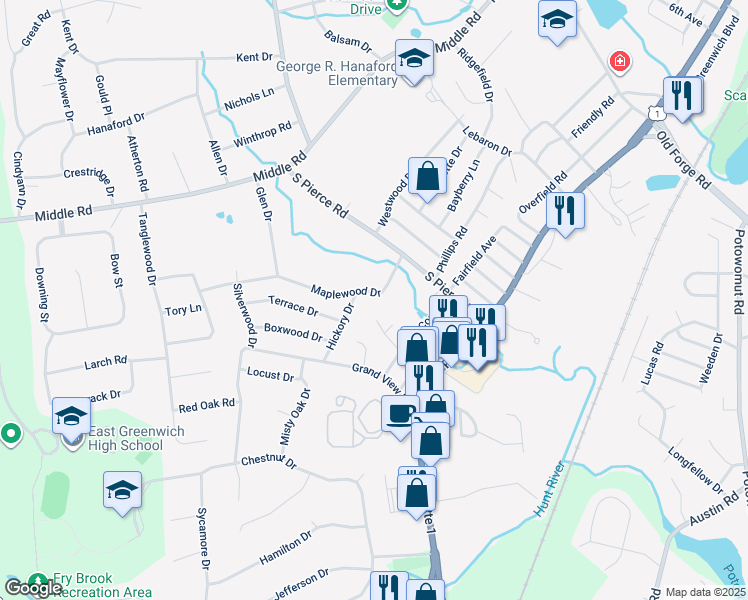 map of restaurants, bars, coffee shops, grocery stores, and more near 11 Violet Court in East Greenwich