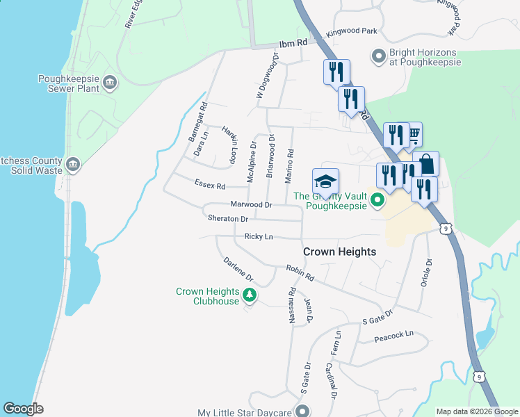 map of restaurants, bars, coffee shops, grocery stores, and more near 42 Sheraton Drive in Poughkeepsie