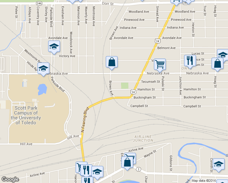 map of restaurants, bars, coffee shops, grocery stores, and more near 1780 Buckingham Street in Toledo