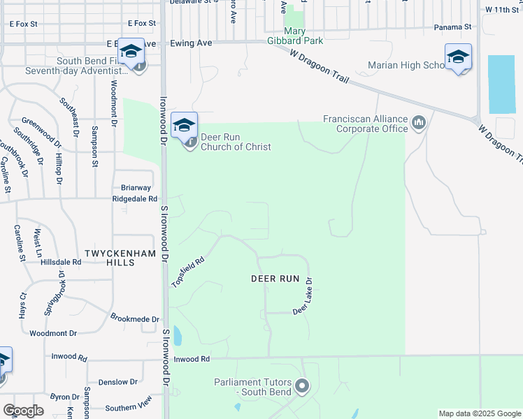map of restaurants, bars, coffee shops, grocery stores, and more near 2580 Topsfield Road in South Bend
