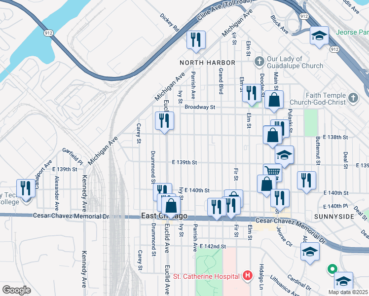 map of restaurants, bars, coffee shops, grocery stores, and more near 3829 Ivy Street in East Chicago