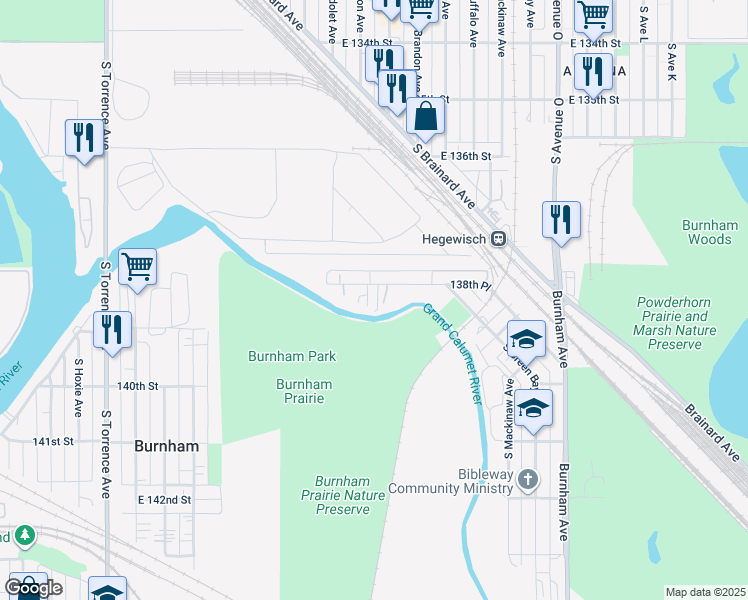 map of restaurants, bars, coffee shops, grocery stores, and more near 2910 138th Place in Chicago
