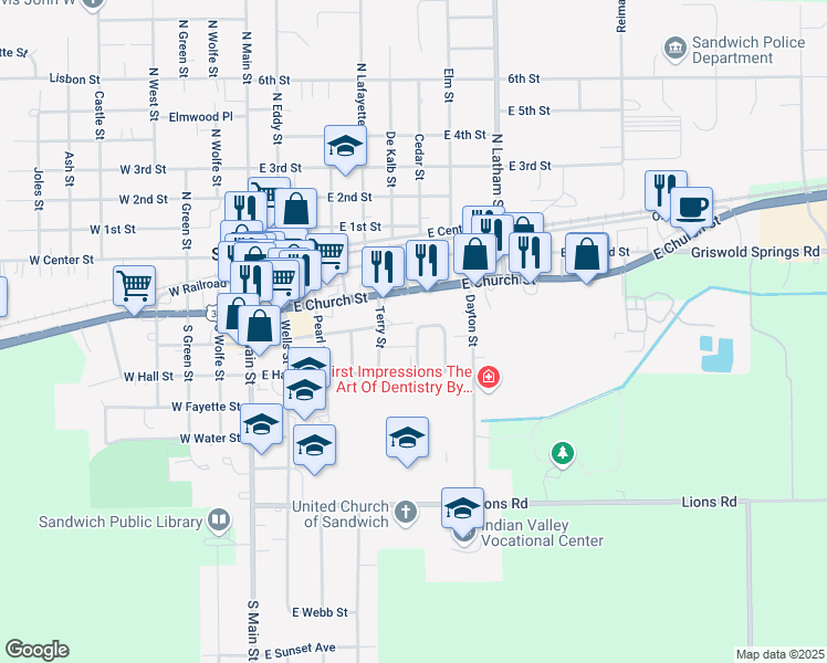 map of restaurants, bars, coffee shops, grocery stores, and more near 305 Wentworth Drive in Sandwich