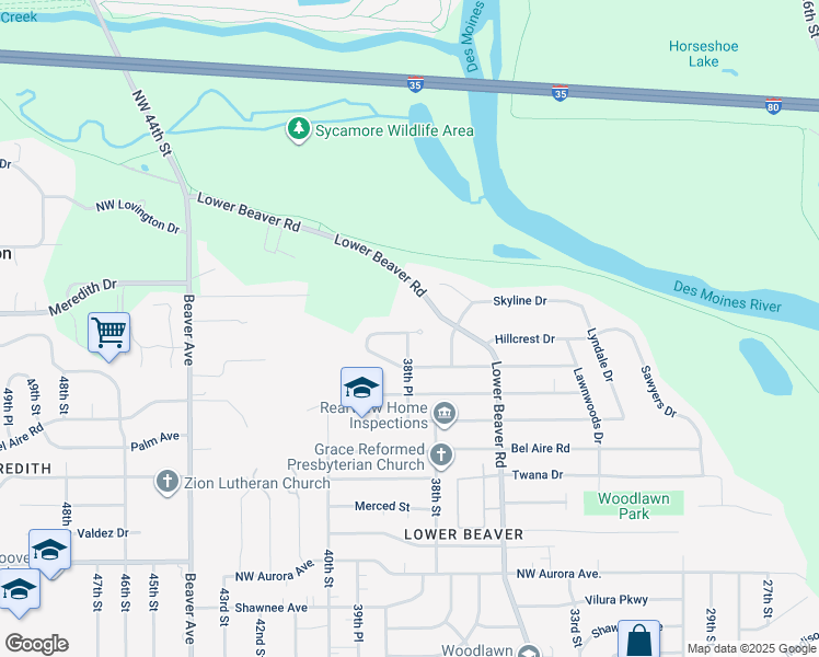 map of restaurants, bars, coffee shops, grocery stores, and more near 3808 Hillcrest Drive in Des Moines