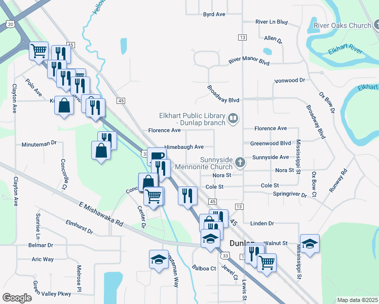 map of restaurants, bars, coffee shops, grocery stores, and more near 23995 Sunnyside Avenue in Elkhart