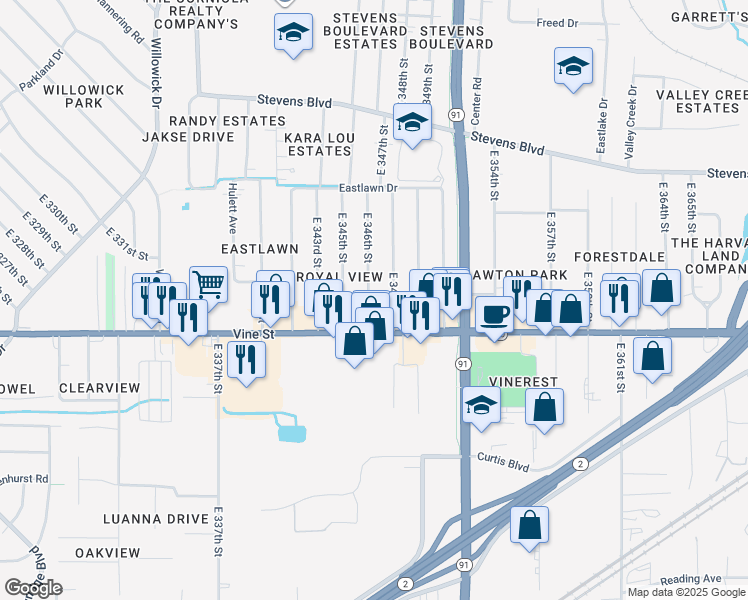 map of restaurants, bars, coffee shops, grocery stores, and more near 1355 East 346th Street in Eastlake