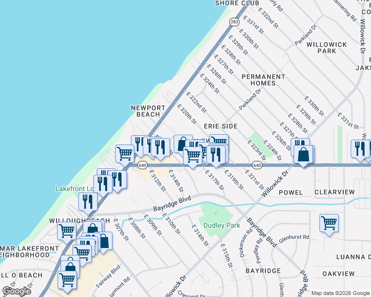 map of restaurants, bars, coffee shops, grocery stores, and more near 31601 Vine Street in Willowick