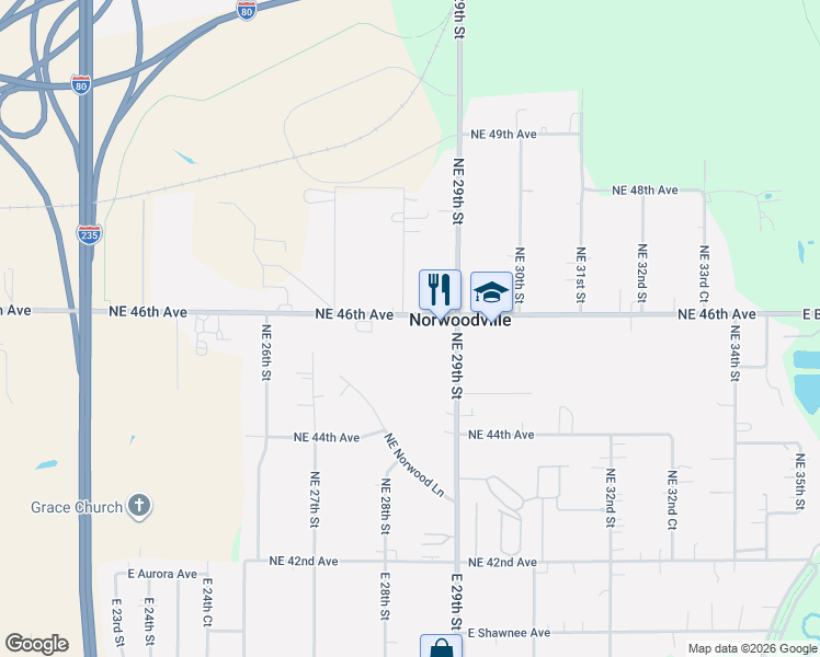 map of restaurants, bars, coffee shops, grocery stores, and more near 4570 Northeast 29th Street in Des Moines