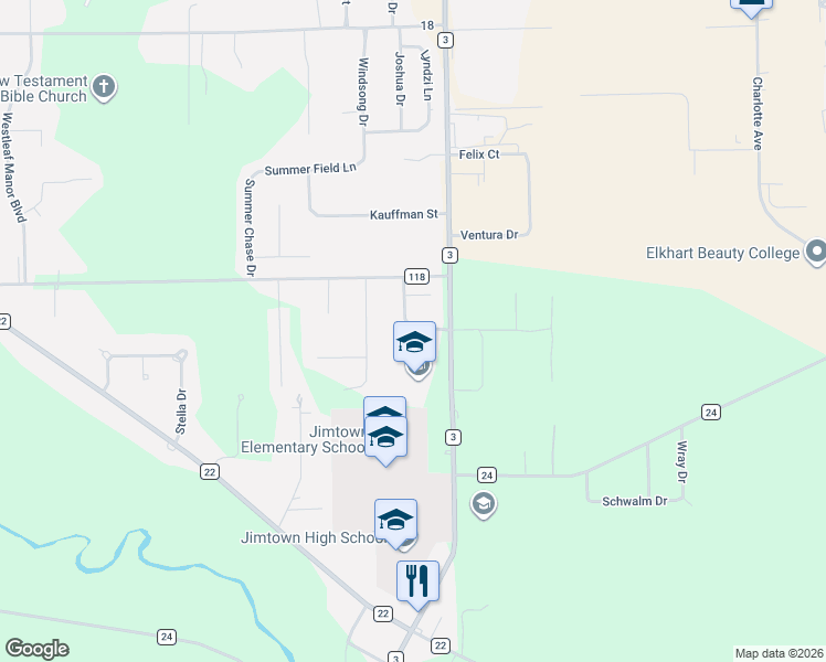 map of restaurants, bars, coffee shops, grocery stores, and more near 29084 Bernice Drive in Elkhart