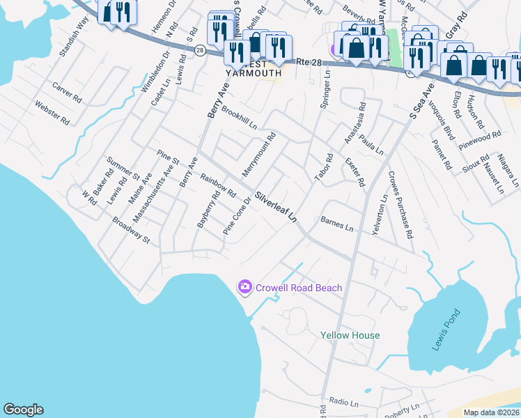 map of restaurants, bars, coffee shops, grocery stores, and more near 77 Rainbow Road in Yarmouth