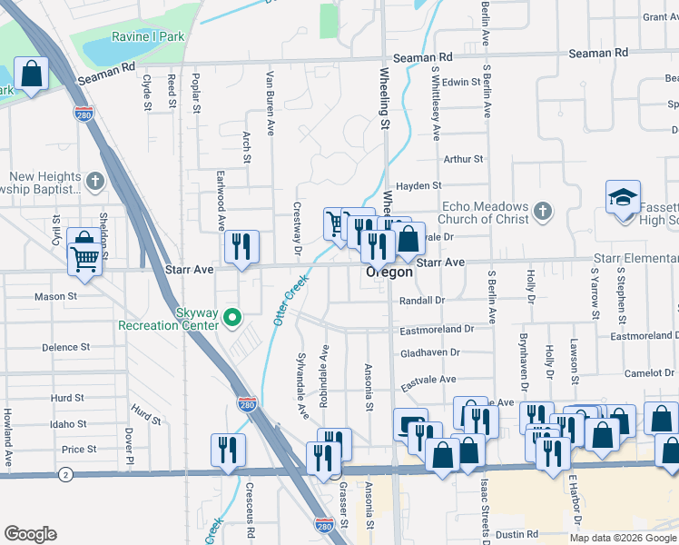 map of restaurants, bars, coffee shops, grocery stores, and more near 427 Grasser Street in Oregon