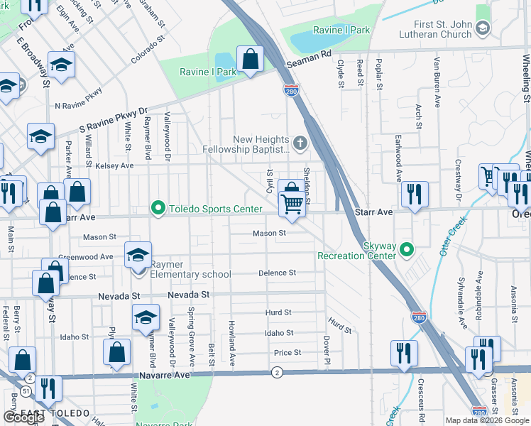 map of restaurants, bars, coffee shops, grocery stores, and more near Starr Ave & Thurston St in Toledo