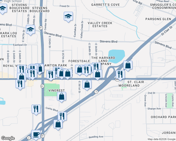 map of restaurants, bars, coffee shops, grocery stores, and more near 36391 Vine Street in Willoughby
