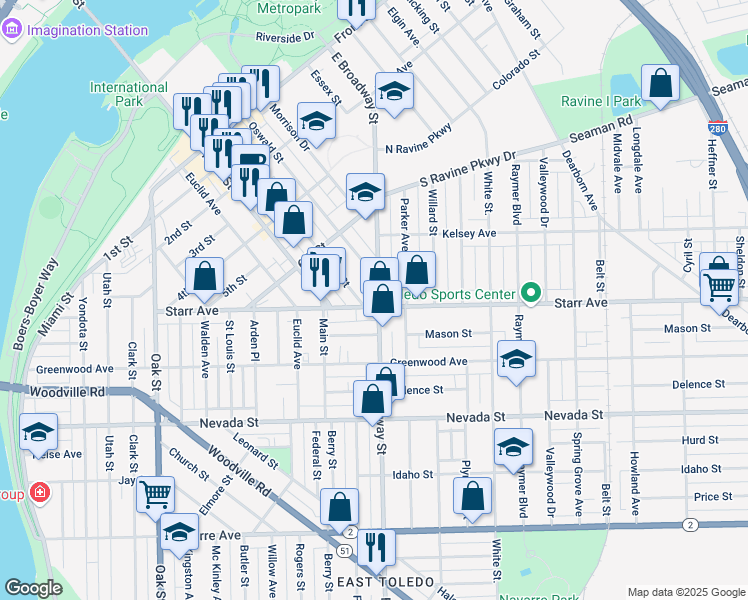 map of restaurants, bars, coffee shops, grocery stores, and more near 417 East Broadway Street in Toledo