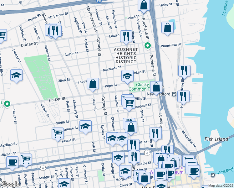 map of restaurants, bars, coffee shops, grocery stores, and more near 84 Willis Street in New Bedford