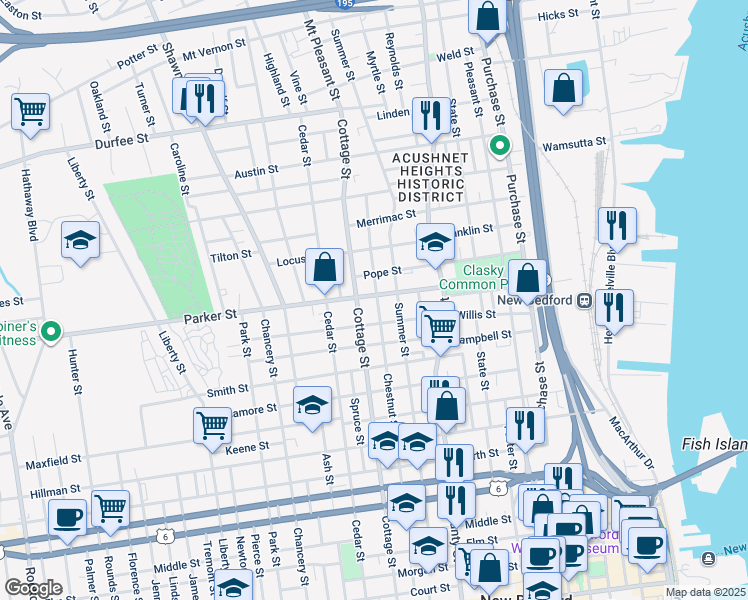 map of restaurants, bars, coffee shops, grocery stores, and more near 84 Willis Street in New Bedford