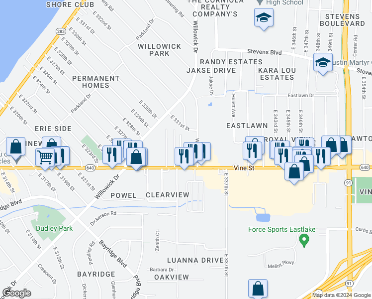 map of restaurants, bars, coffee shops, grocery stores, and more near 33317 Vine Street in Willowick