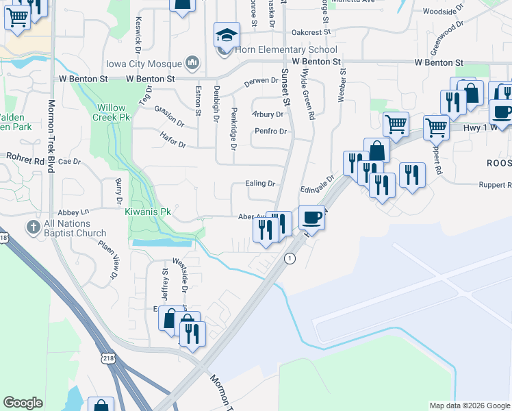 map of restaurants, bars, coffee shops, grocery stores, and more near 1509 Aber Avenue in Iowa City