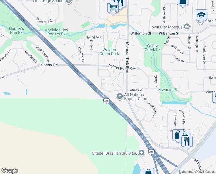 map of restaurants, bars, coffee shops, grocery stores, and more near 2516 Rushmore Drive in Iowa City