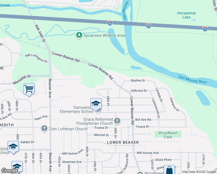 map of restaurants, bars, coffee shops, grocery stores, and more near 3808 Hillcrest Drive in Des Moines