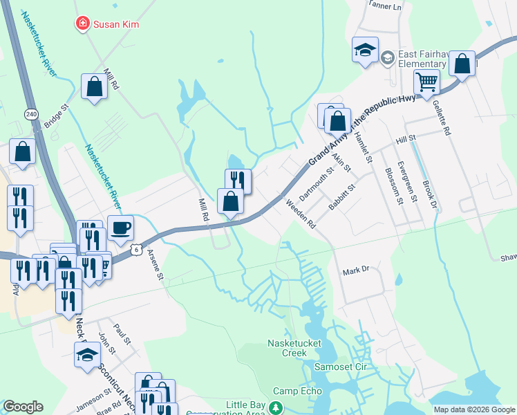 map of restaurants, bars, coffee shops, grocery stores, and more near 280 Huttleston Avenue in Fairhaven