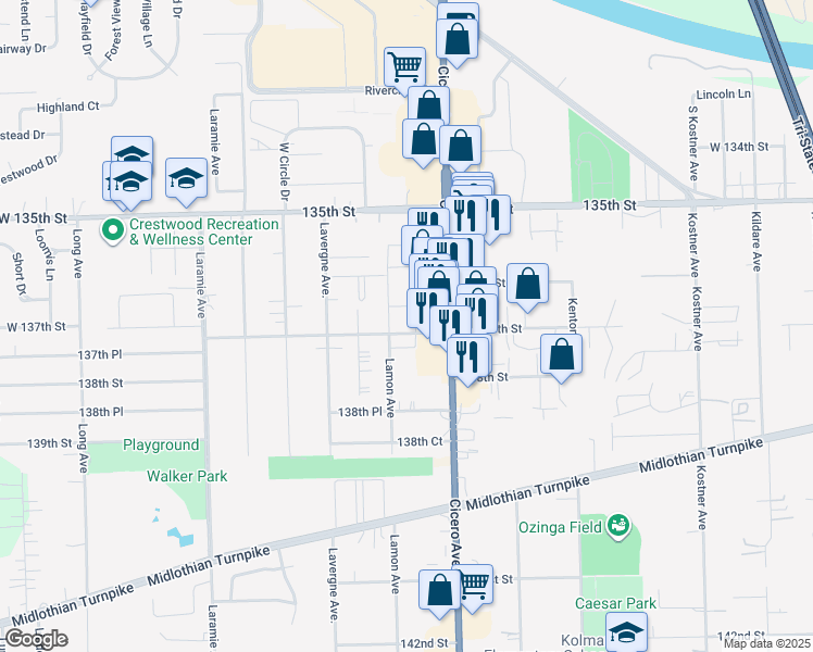map of restaurants, bars, coffee shops, grocery stores, and more near 4845 West 137th Street in Crestwood