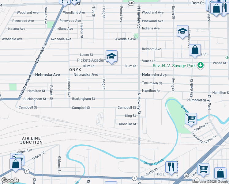 map of restaurants, bars, coffee shops, grocery stores, and more near 1129 Buckingham Street in Toledo