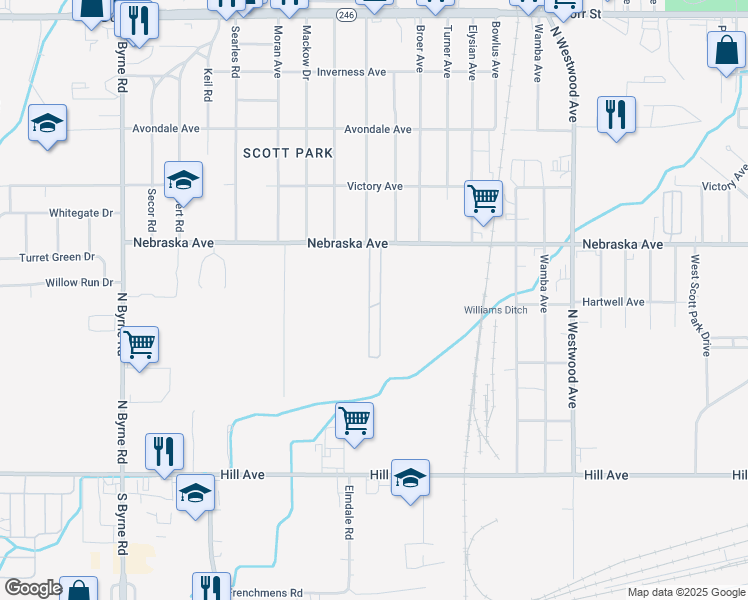 map of restaurants, bars, coffee shops, grocery stores, and more near 3005 Nebraska Avenue in Toledo