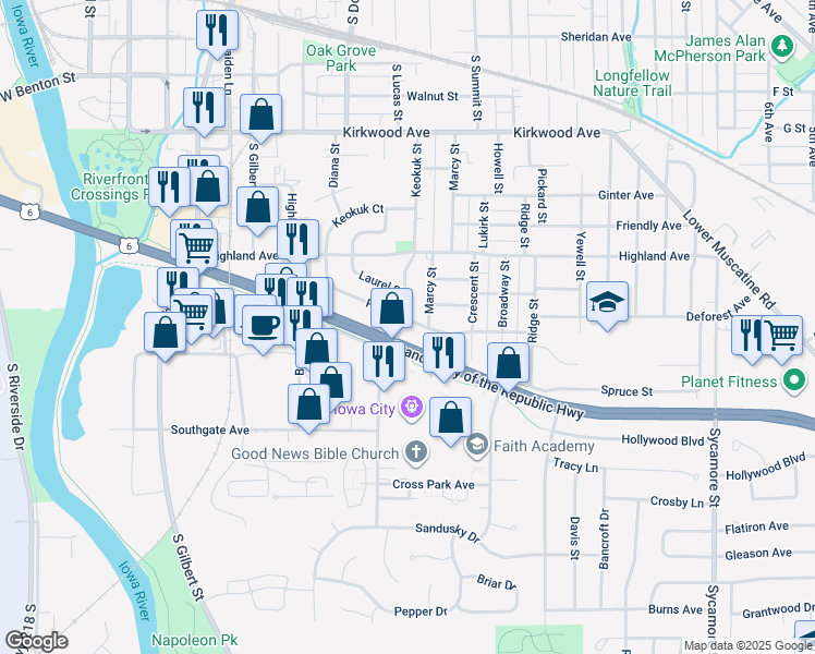 map of restaurants, bars, coffee shops, grocery stores, and more near 1502 Keokuk Street in Iowa City