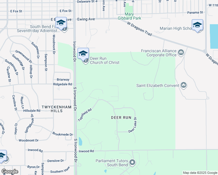 map of restaurants, bars, coffee shops, grocery stores, and more near 2500 Topsfield Road in South Bend