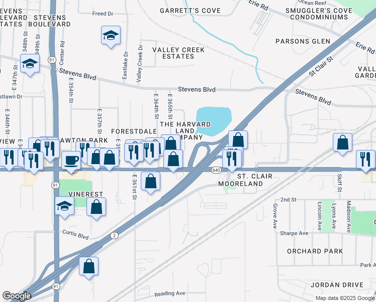 map of restaurants, bars, coffee shops, grocery stores, and more near 36625 Vine Street in Kirtland